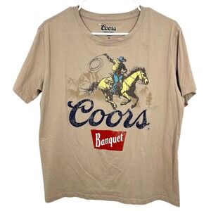 Coors Banquet Western Cowboy Rodeo Boxy Graphic T Shirt Tan Women's Size Medium